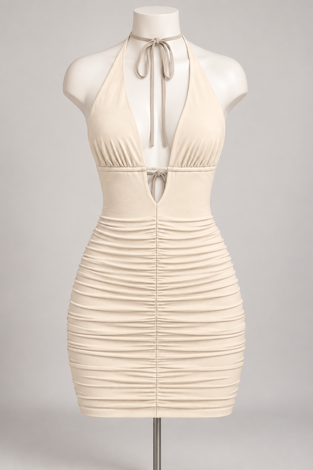 100 Shots  Mini Dress Beige on an ivory display mannequin; AI-generated styling visualization. Original product photos retained for reference.
