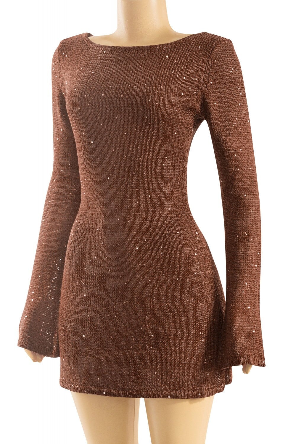 Second Glance Sequin Sweater Mini Dress Brown - Style Delivers