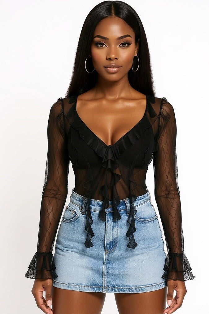 Roxette Lace Ruffle Sheer Top Black - Style Delivers