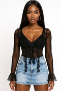 Roxette Lace Ruffle Sheer Top Black - Style Delivers