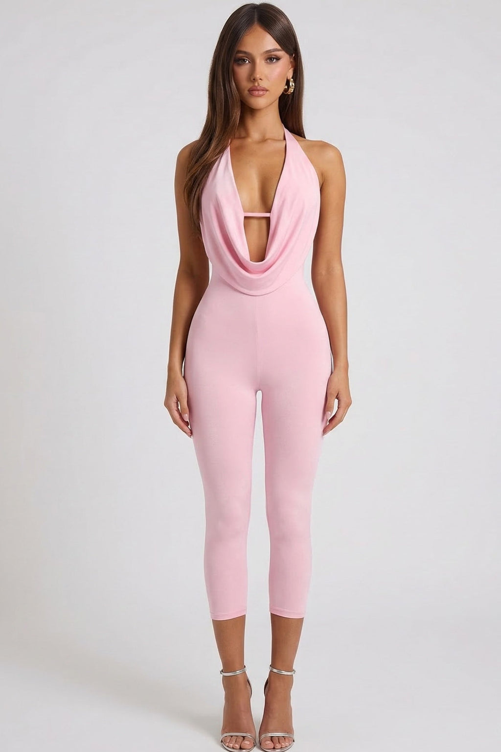 Sade Sleeveless Halter Capri Jumpsuit Light Pink - Style Delivers