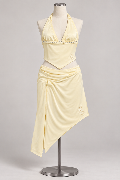 Alameda Two Piece Set Cream (No Discount) on an ivory dress form; AI-generated styling visualization. Refer to original product photos for garment details.