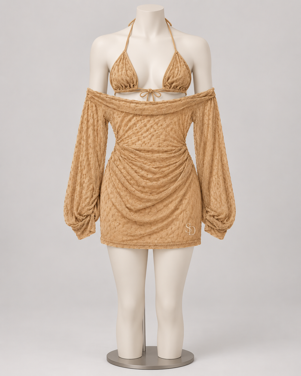 Beauty Within Mesh 3 Piece Set Beige on a display mannequin; AI-generated styling visualization. Original product photos retained for reference.