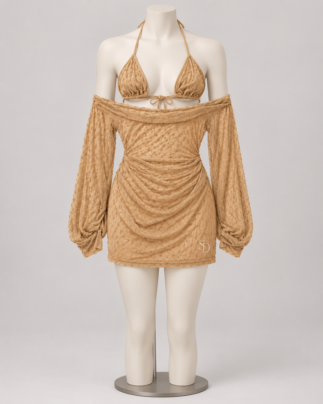 Beauty Within Mesh 3 Piece Set Beige on a display mannequin; AI-generated styling visualization. Original product photos retained for reference.