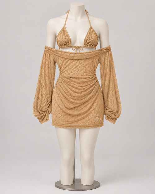 Beauty Within Mesh 3 Piece Set Beige on a display mannequin; AI-generated styling visualization. Original product photos retained for reference.