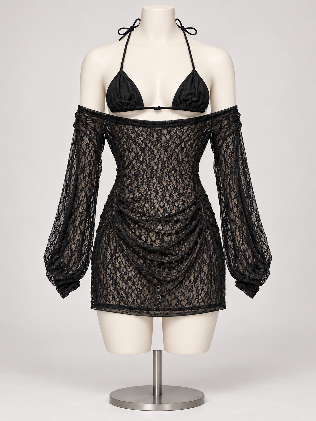 Beauty Within Mesh 3 Piece Set Black on a display mannequin; AI-generated styling visualization. Original product photos retained for reference.