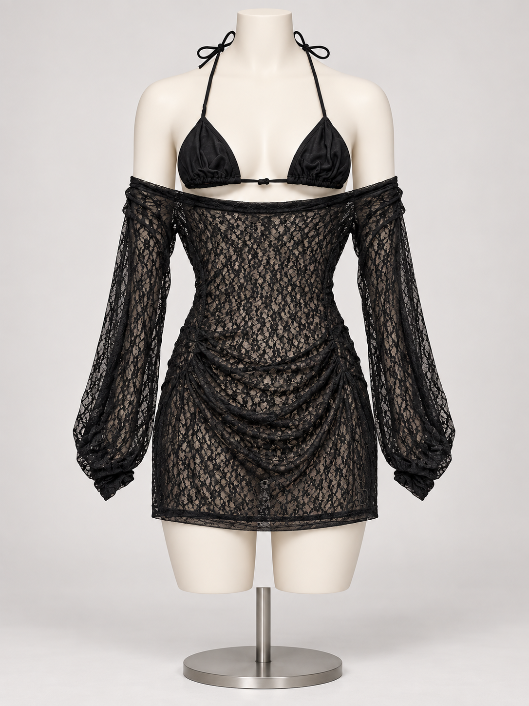 Beauty Within Mesh 3 Piece Set Black on a display mannequin; AI-generated styling visualization. Original product photos retained for reference.