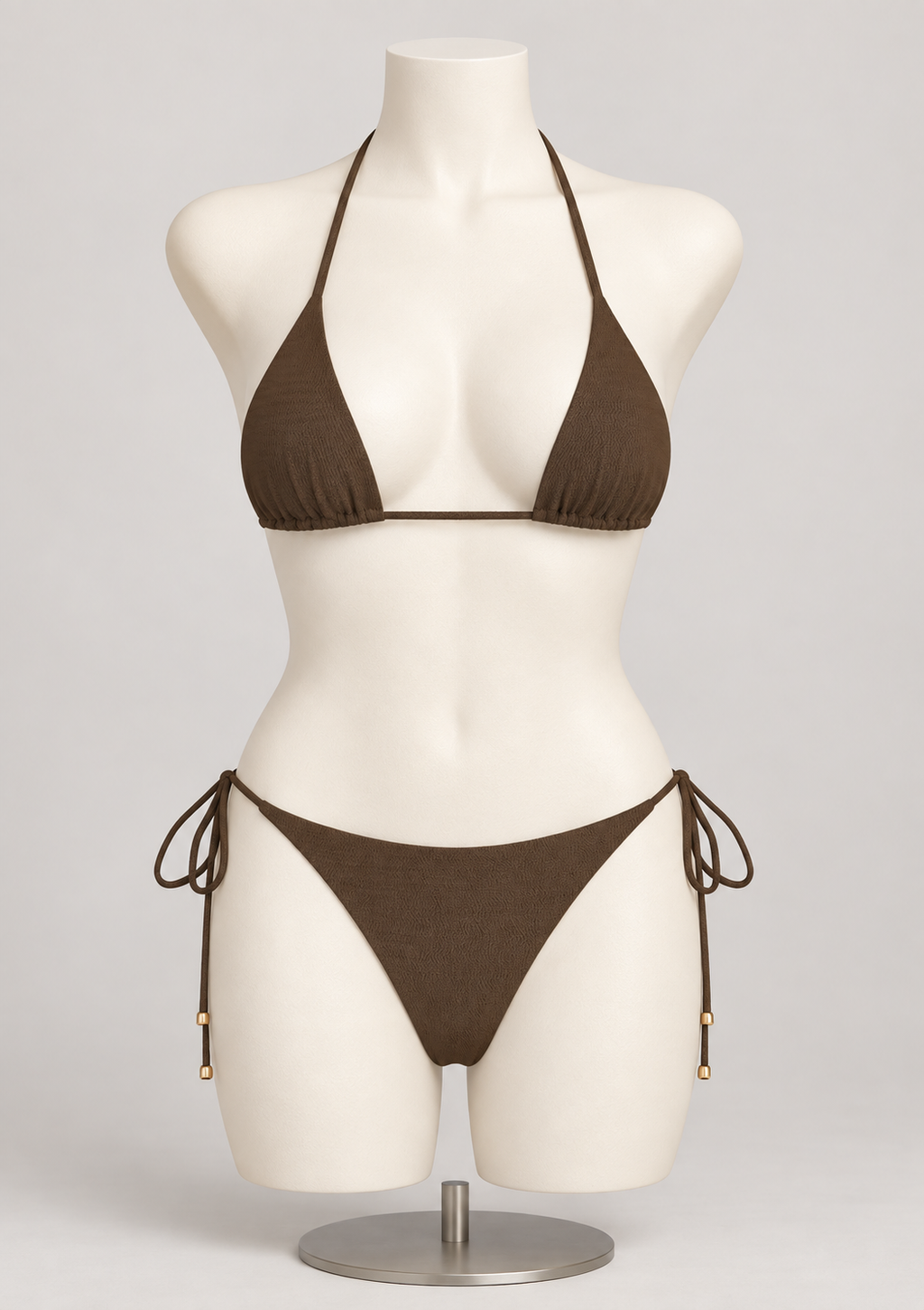 Brown & Gold Hardware String Bikini on a display mannequin; AI-generated styling visualization. Original product photos retained for reference.