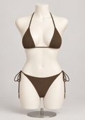 Brown & Gold Hardware String Bikini on a display mannequin; AI-generated styling visualization. Original product photos retained for reference.