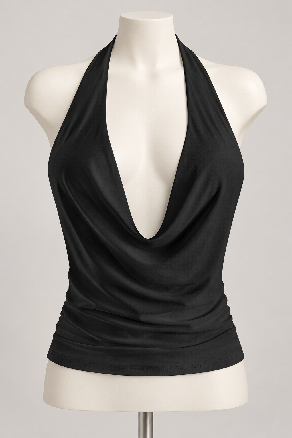 Celine Halter Top Black on an ivory display mannequin; AI-generated styling visualization. Original product photos retained for reference.