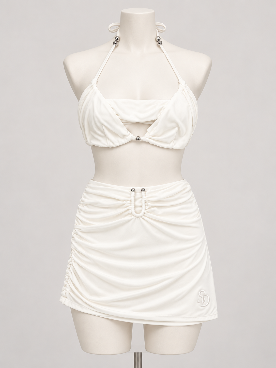 Dazzling Darling Two Piece Set Ivory (No Promo) on a display mannequin; AI-generated styling visualization. Original product photos retained for reference.