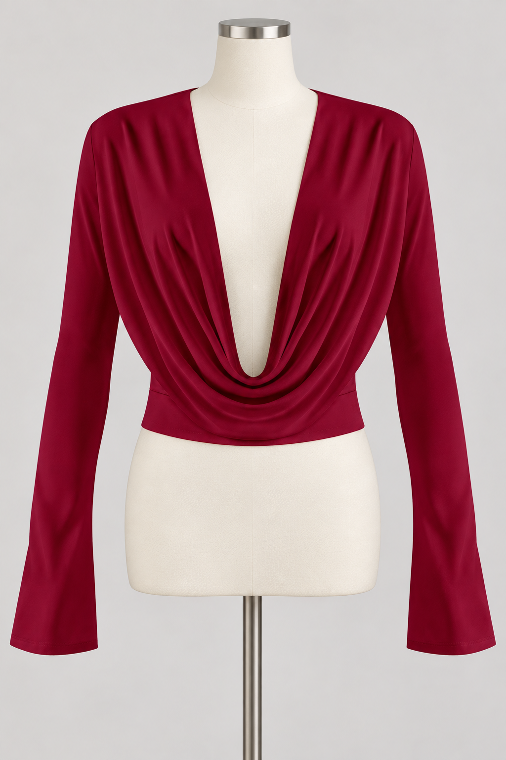 Decadent Daze burgundy top on an ivory dress form; AI-generated styling visualization.