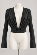 Decadent Daze Top Black on an ivory display mannequin; AI-generated styling visualization. Original product photos retained for reference.