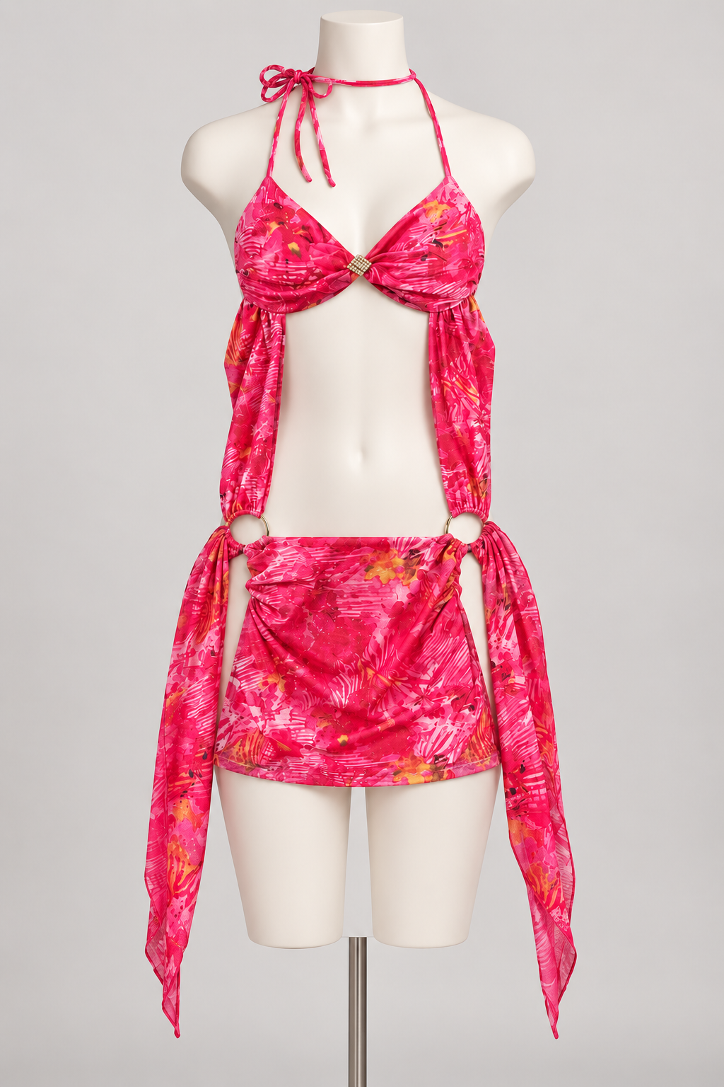 Definitely Maybe Mesh Mini Dress Pink  (No promo) on a display mannequin; AI-generated styling visualization. Original product photos retained for reference.