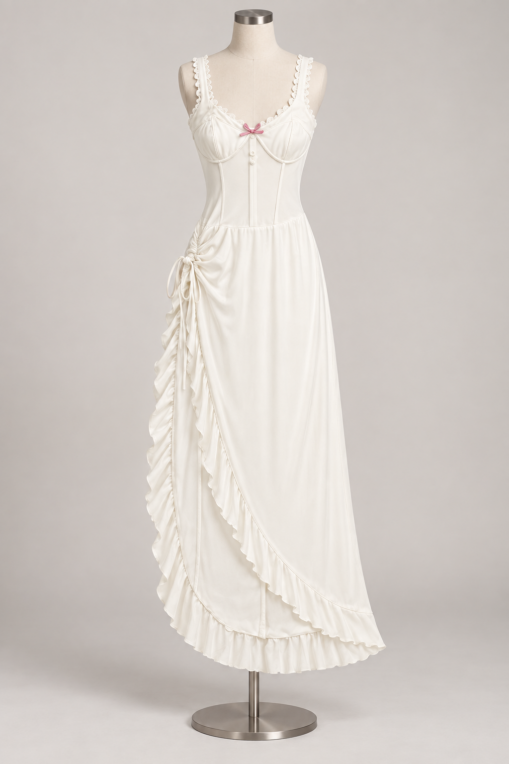 Delicate Mesh Maxi Dress Ivory on an ivory dress form; AI-generated styling visualization. Refer to original product photos for garment details.