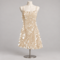 Disk Blackless Mini Dress Apricot (No Promo) on an ivory display mannequin; AI-generated styling visualization. Original product photos retained for reference.