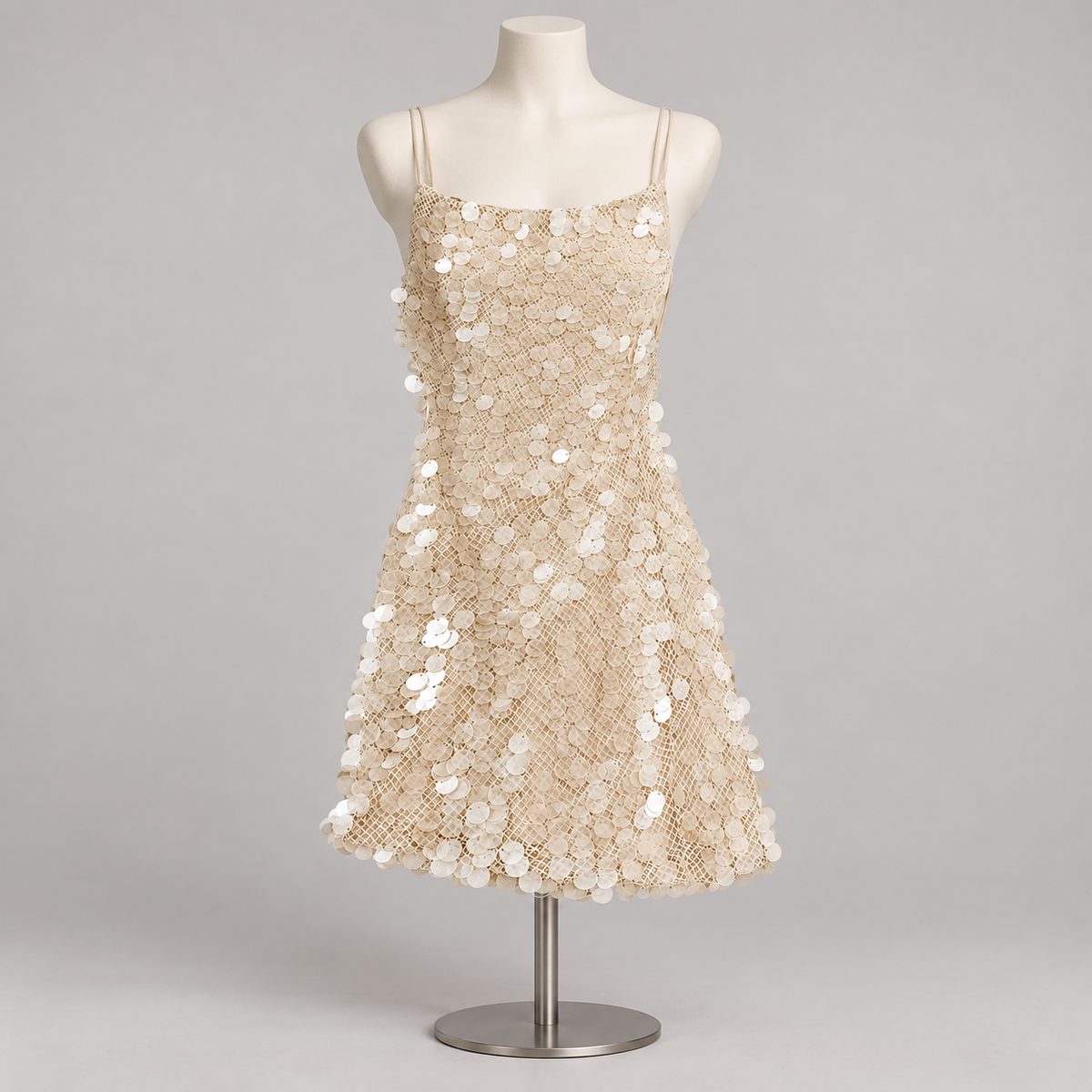 Disk Blackless Mini Dress Apricot (No Promo) on an ivory display mannequin; AI-generated styling visualization. Original product photos retained for reference.
