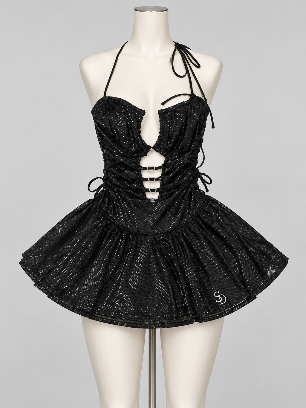 Fairytale Mesh Romper Black on an ivory display mannequin; AI-generated styling visualization. Original product photos retained for reference.