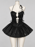 Fairytale Mesh Romper Black on an ivory display mannequin; AI-generated styling visualization. Original product photos retained for reference.
