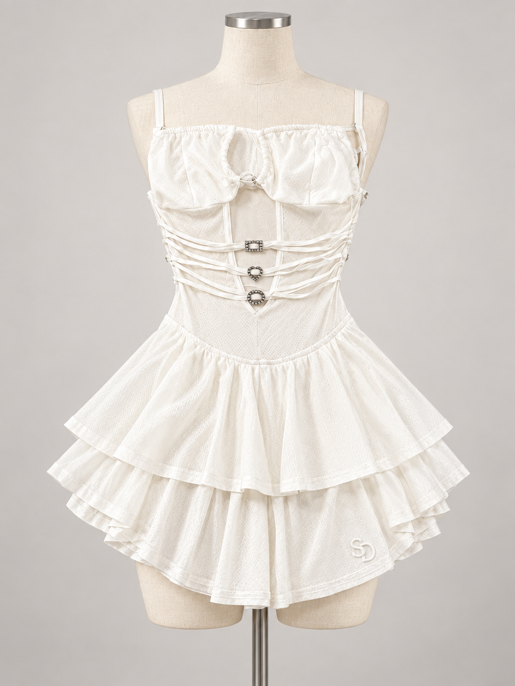 Fairytale Mesh Romper White on an ivory dress form; AI-generated styling visualization. Refer to original product photos for garment details.