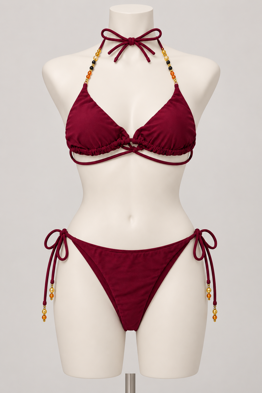 Golden Hour Bikini Burgundy (No promo) on a display mannequin; AI-generated styling visualization. Original product photos retained for reference.