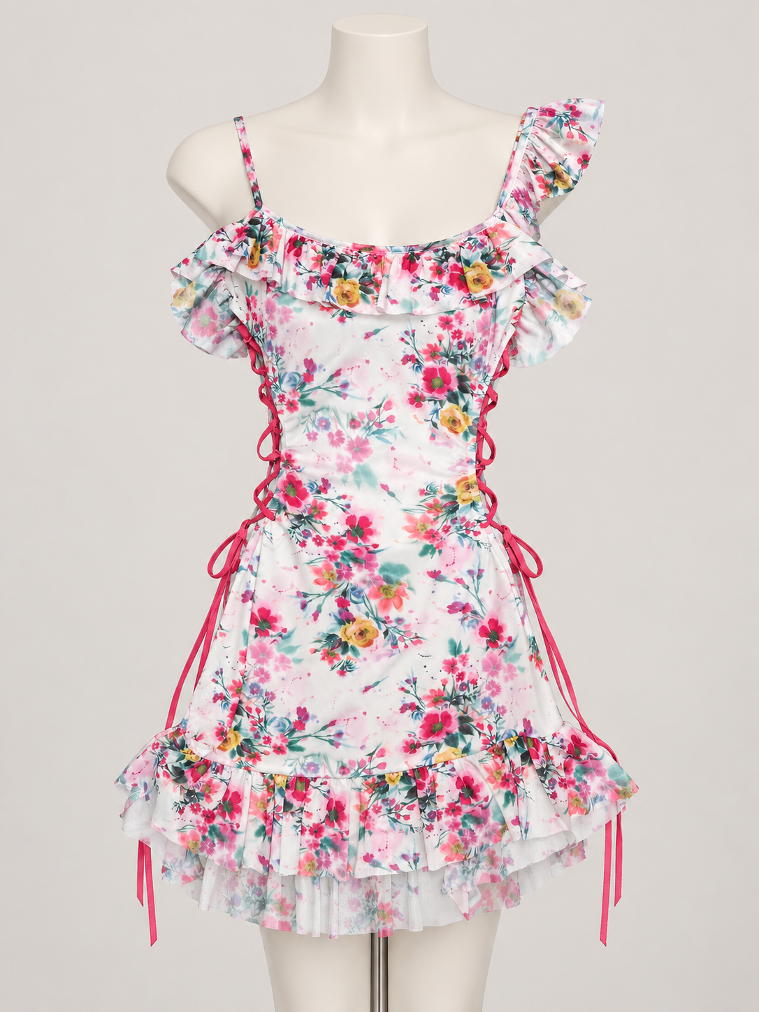 Good Girl Mesh Floral Mini Dress White on a display mannequin; AI-generated styling visualization. Original product photos retained for reference.