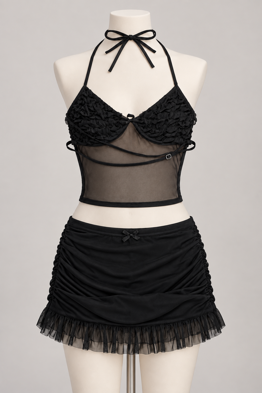 Hush Hush Mesh Two Piece Set Black on a display mannequin; AI-generated styling visualization. Original product photos retained for reference.