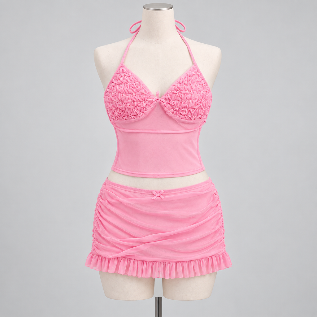 Hush Hush Mesh Two Piece Set Pink on an ivory display mannequin; AI-generated styling visualization. Original product photos retained for reference.