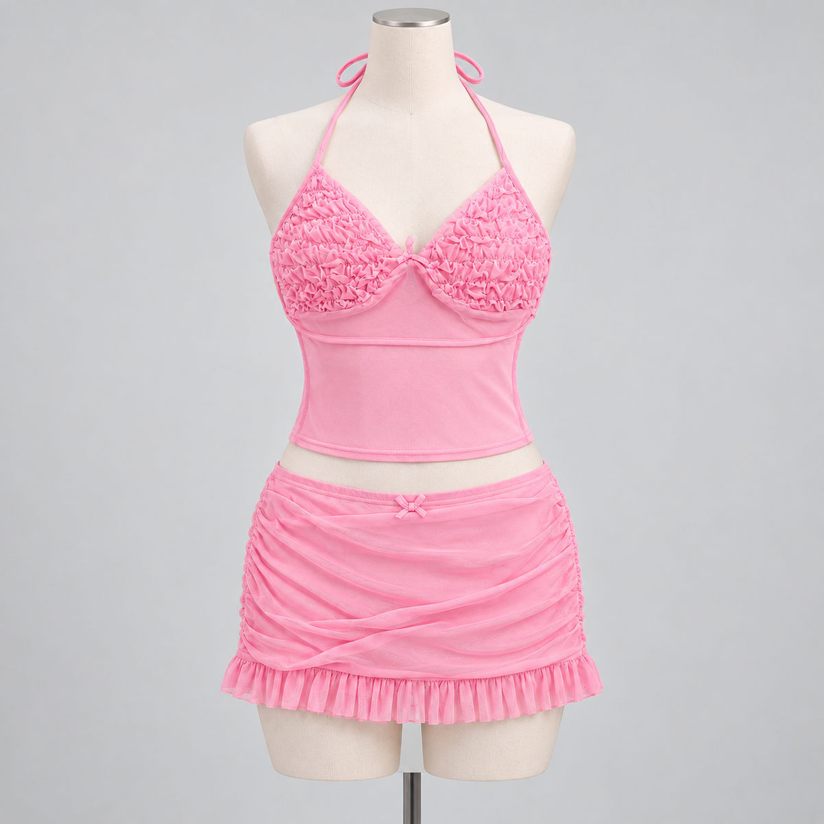 Hush Hush Mesh Two Piece Set Pink on an ivory display mannequin; AI-generated styling visualization. Original product photos retained for reference.