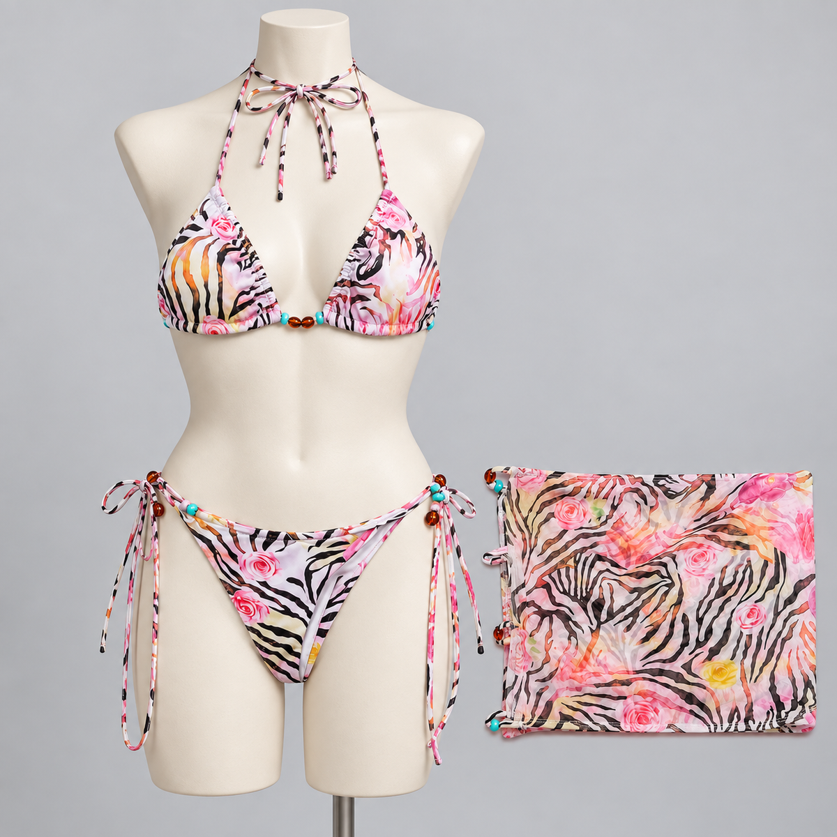 Kiara Zebra Print Bikini Set (NO PROMO) on an ivory display mannequin; AI-generated styling visualization. Original product photos retained for reference.