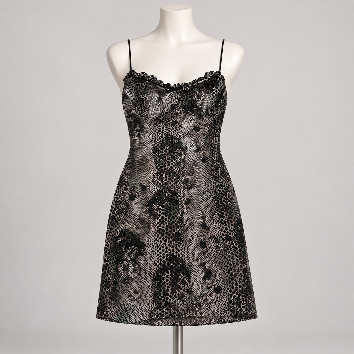 Look Don't Touch Mini Dress Black Glitter (No Discount) on an ivory display mannequin; AI-generated styling visualization. Original product photos retained for reference.