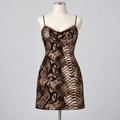 Look Don't Touch Mini Dress Black on an ivory display mannequin; AI-generated styling visualization. Original product photos retained for reference.