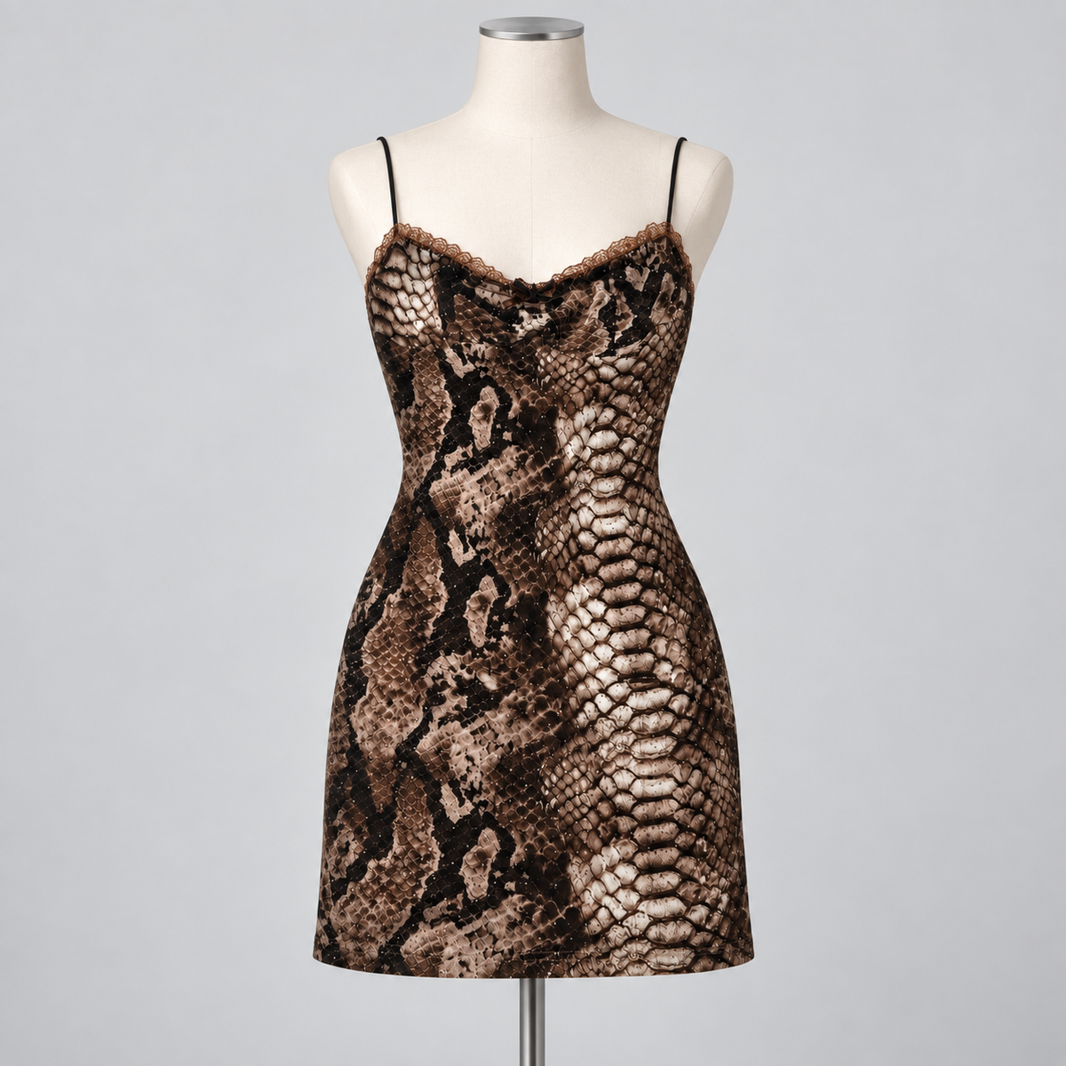 Look Don't Touch Mini Dress Black on an ivory display mannequin; AI-generated styling visualization. Original product photos retained for reference.