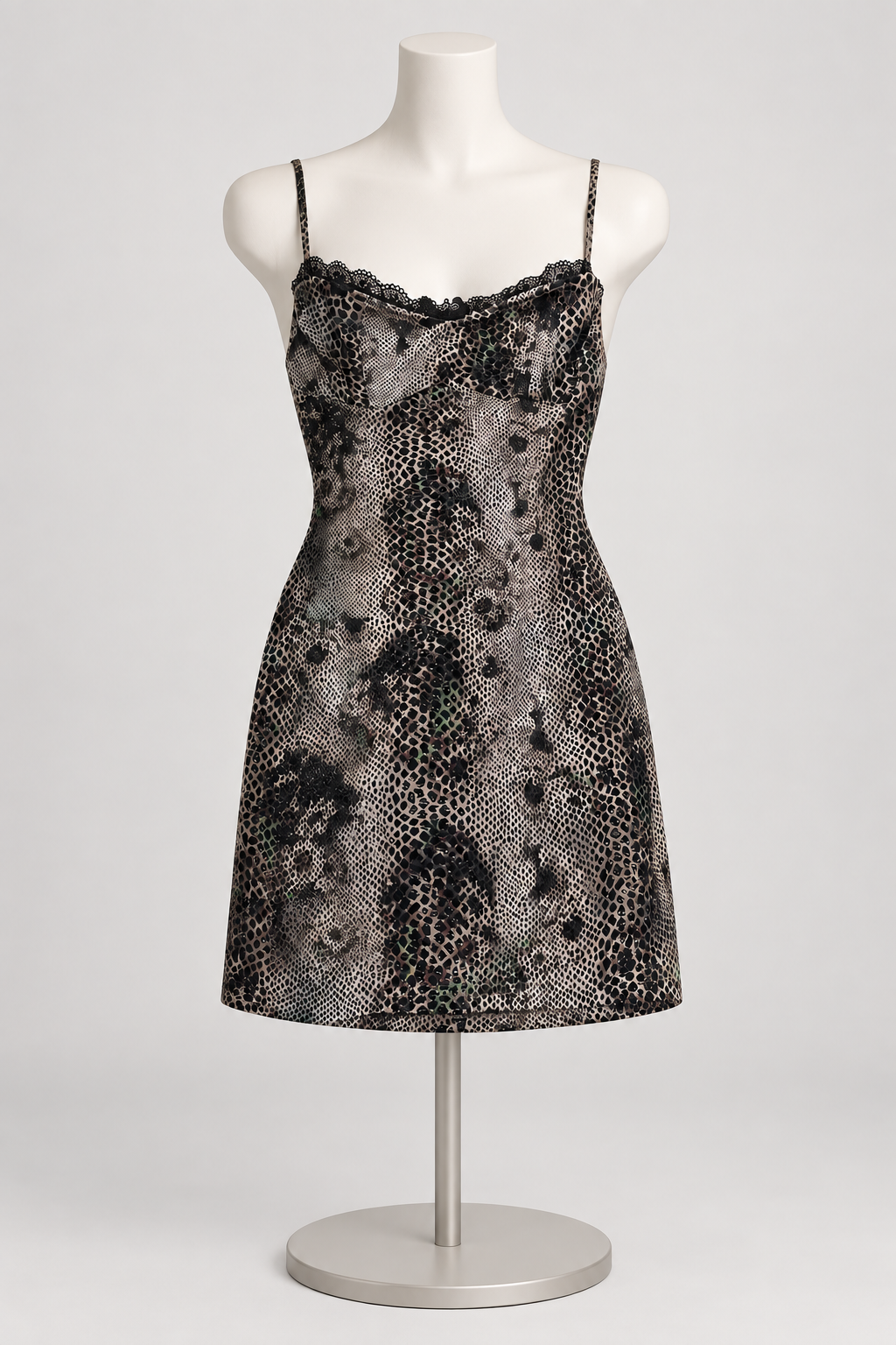 Look Don't Touch Mini Dress Taupe on a display mannequin; AI-generated styling visualization. Original product photos retained for reference.