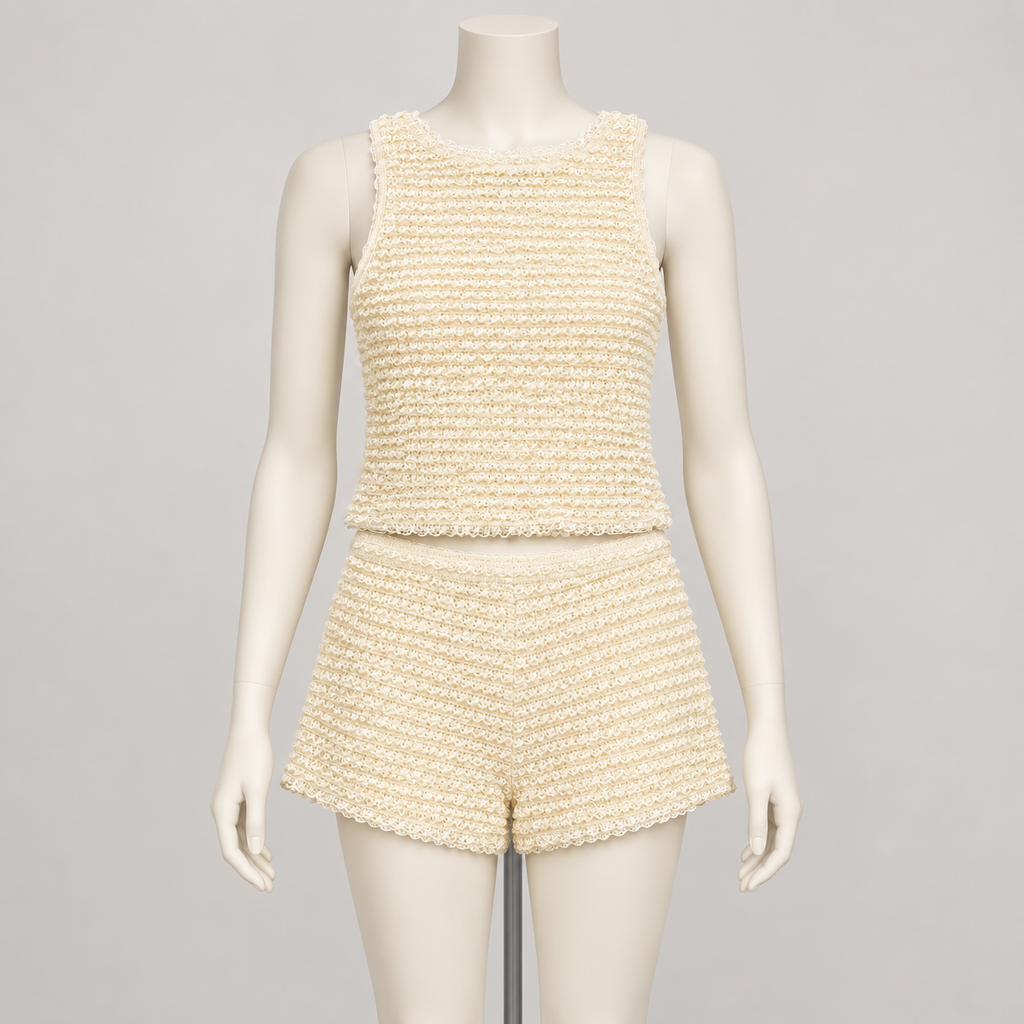 Lula Two Piece Set Cream (No Discount) on an ivory display mannequin; AI-generated styling visualization. Original product photos retained for reference.