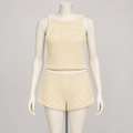 Lula Two Piece Set Cream (No Discount) on an ivory display mannequin; AI-generated styling visualization. Original product photos retained for reference.