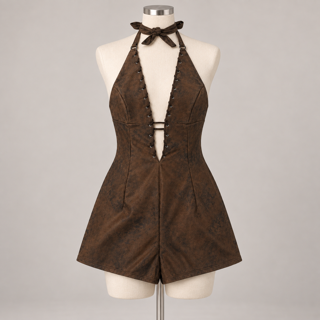 Misbehave Romper Brown on an ivory dress form; AI-generated styling visualization. Refer to original product photos for garment details.