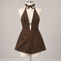 Misbehave Romper Brown on an ivory dress form; AI-generated styling visualization. Refer to original product photos for garment details.