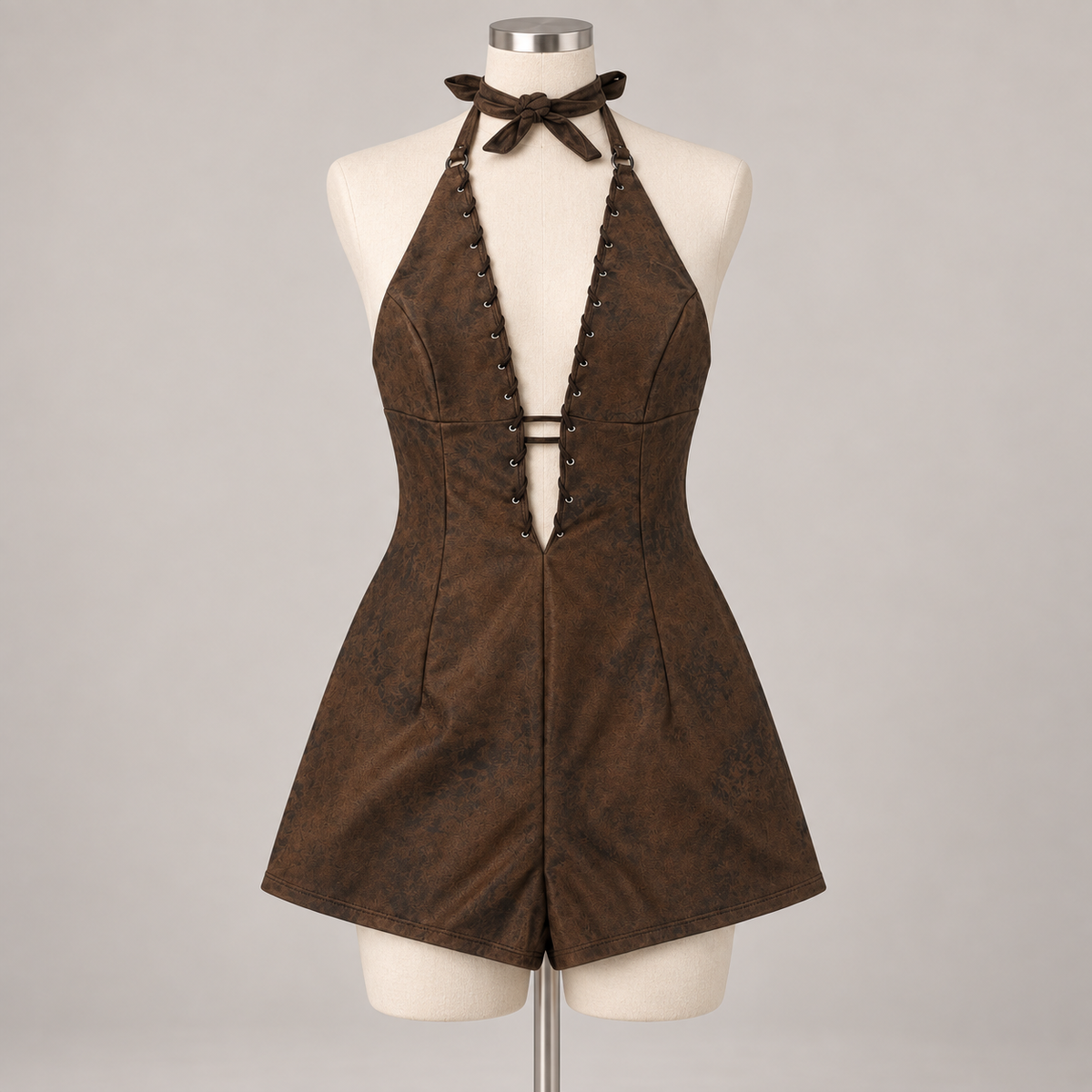 Misbehave Romper Brown on an ivory dress form; AI-generated styling visualization. Refer to original product photos for garment details.
