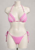 Pink Lace Bikini on an ivory display mannequin; AI-generated styling visualization. Original product photos retained for reference.