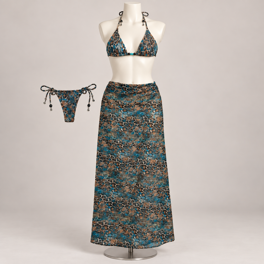 Resort Annie Bikini Set Brown/Blue (No Promo) on an ivory display mannequin; AI-generated styling visualization. Original product photos retained for reference.