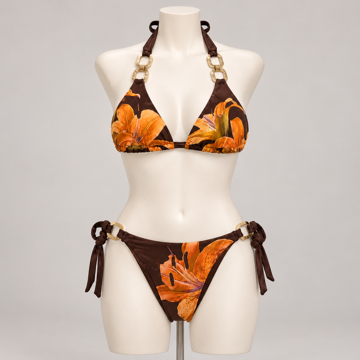 Resort Bikini Feel It Brown Combo (No Promo) on an ivory display mannequin; AI-generated styling visualization. Original product photos retained for reference.