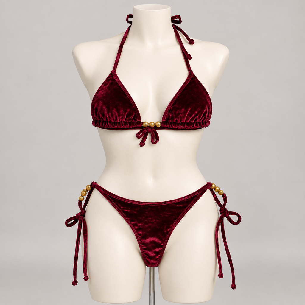 Resort Bikini Skylar Velvet Burgundy (No Promo) on an ivory display mannequin; AI-generated styling visualization. Original product photos retained for reference.