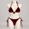 Resort Bikini Skylar Velvet Burgundy (No Promo) on an ivory display mannequin; AI-generated styling visualization. Original product photos retained for reference.