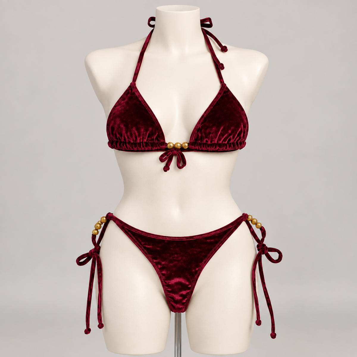 Resort Bikini Skylar Velvet Burgundy (No Promo) on an ivory display mannequin; AI-generated styling visualization. Original product photos retained for reference.