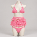 Resort Island Solstice 3 Piece Bikini Pink (No promo) on an ivory display mannequin; AI-generated styling visualization. Original product photos retained for reference.