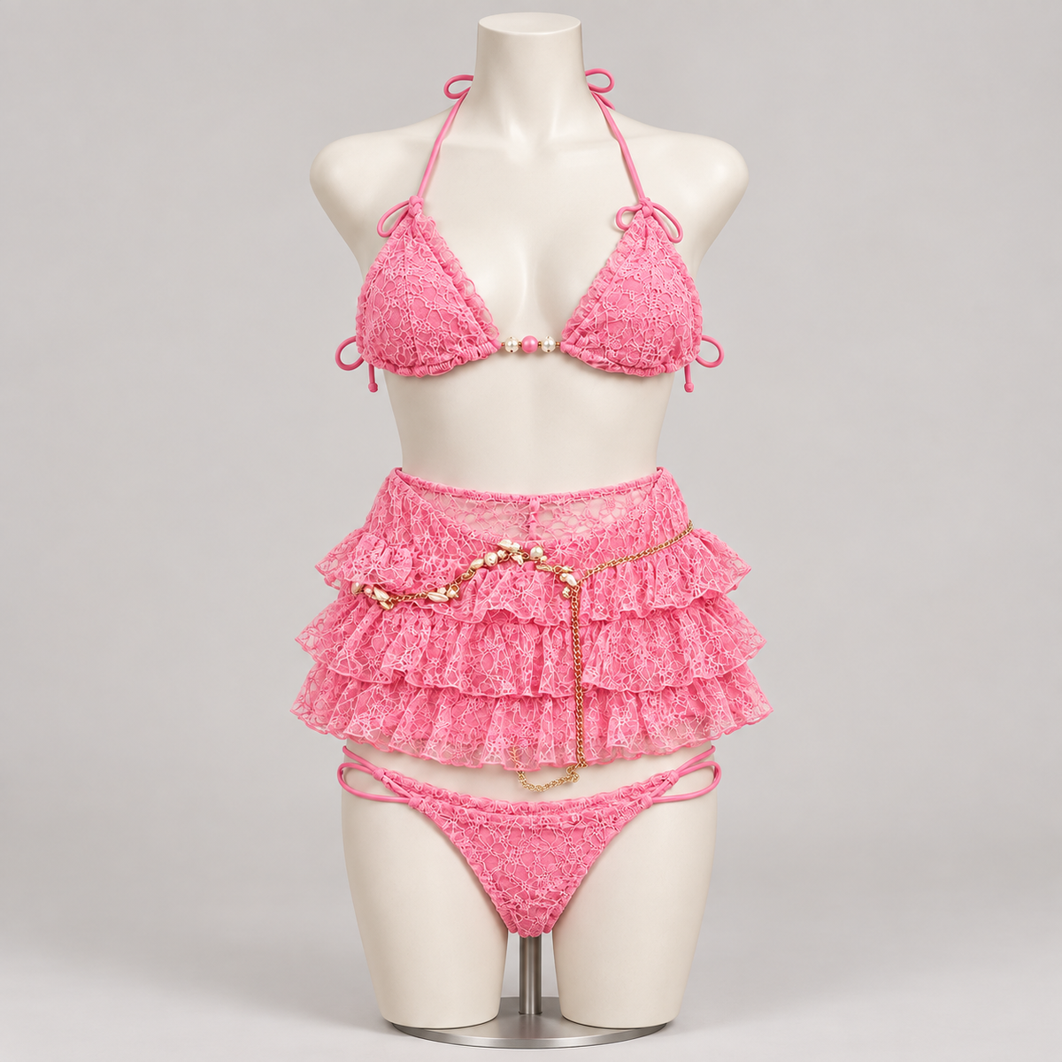 Resort Island Solstice 3 Piece Bikini Pink (No promo) on an ivory display mannequin; AI-generated styling visualization. Original product photos retained for reference.