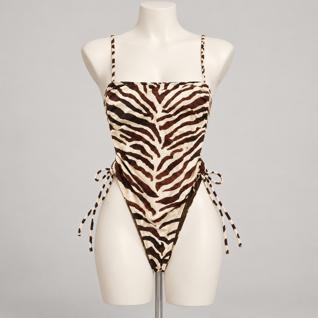 Resort No Pressure One Piece Swimsuit Tiger (No Promo) on an ivory display mannequin; AI-generated styling visualization. Original product photos retained for reference.