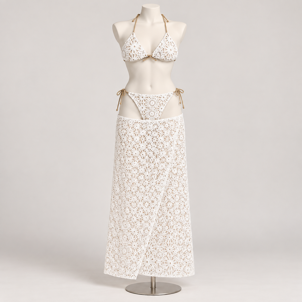 Resort Very Demure Set White (No Promo) on an ivory display mannequin; AI-generated styling visualization. Original product photos retained for reference.