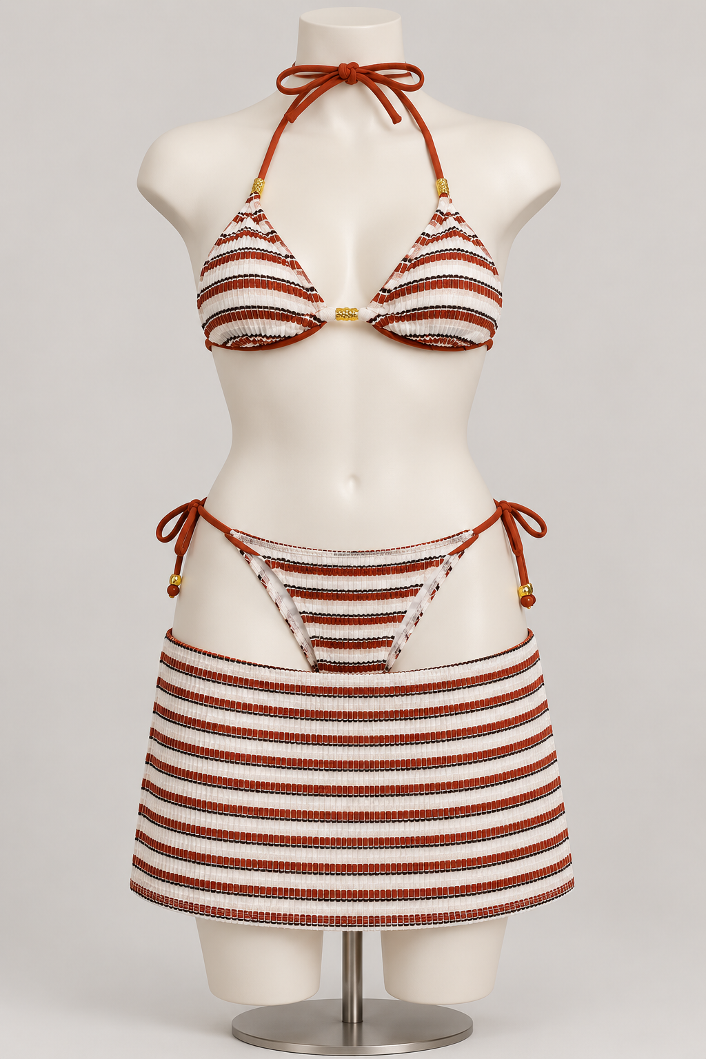 Salt Water Vibes Bikini 3 Piece Set (No PROMO) on a display mannequin; AI-generated styling visualization. Original product photos retained for reference.